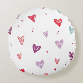 Cute Hand-Drawn Colorful Hearts Round Pillow ラウンドクッション