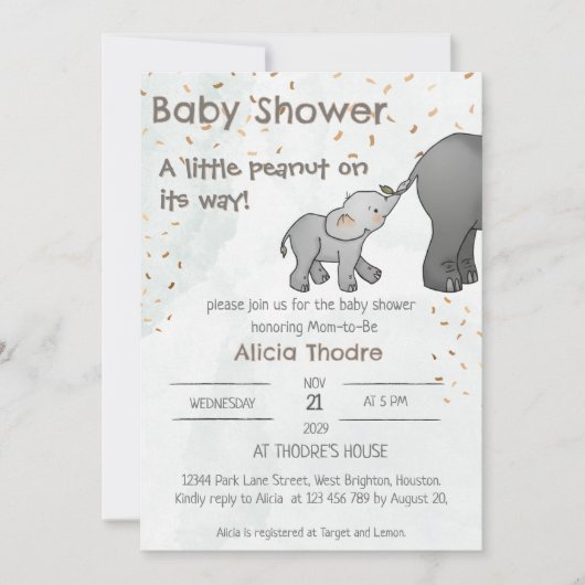Cute Hand Drawn Elephant Little Peanut Baby Shower 招待状 (正面)