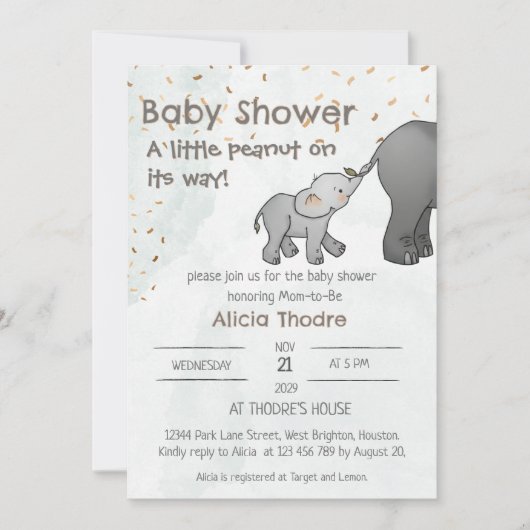 Cute Hand Drawn Elephant Little Peanut Baby Shower 招待状 (正面)