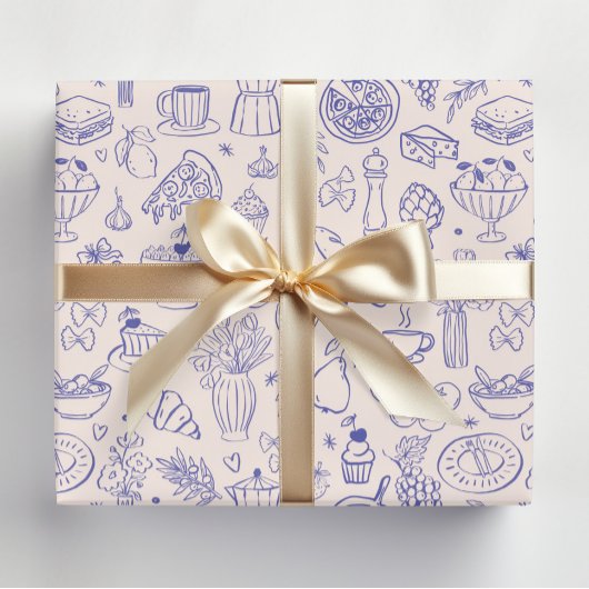 Cute Hand Drawn Italian Food and Flowers Kitchen ラッピングペーパーシート