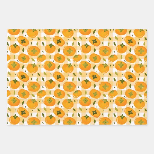 Cute Hand-Drawn Persimmons Seamless Pattern ラッピングペーパーシート (正面)