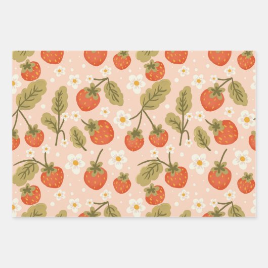 Cute Hand-drawn Red Strawberry Seamless Pattern ラッピングペーパーシート (正面)