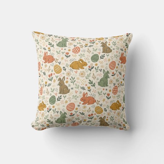 Cute Hand Drawn Spring Bunnies Throw Pillow クッション (正面)
