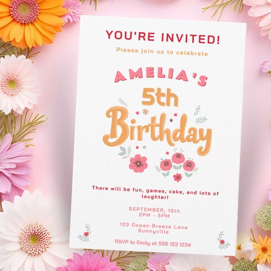 Cute Handlettering Flowers Floral Girl's Birthday 招待状