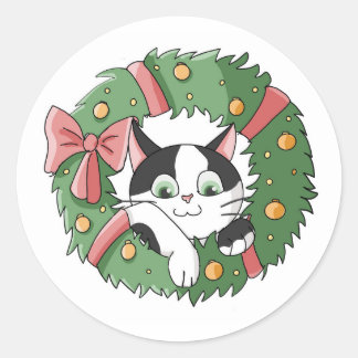 Cute Hanging Christmas Cartoon Kitty ラウンドシール