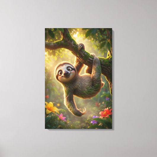 Cute Hanging Sloth 3D Cartoon Jungle Canvas Print キャンバスプリント (正面)