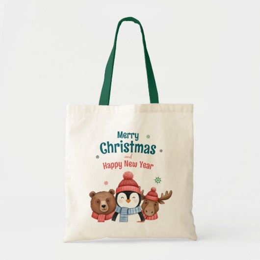 Cute Happy Animal Watercolor Christmas トートバッグ (正面)