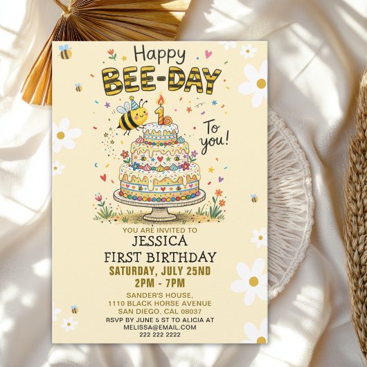 Cute Happy Bee-Day 1st Birthday for Kids 招待状