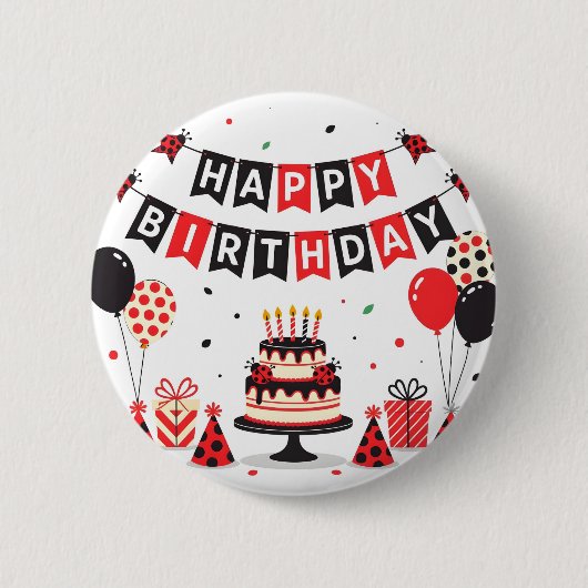 Cute Happy Birthday ladybug theme 缶バッジ (正面)