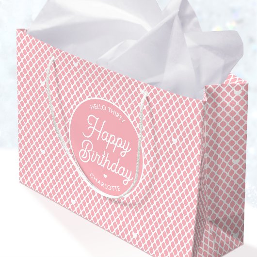 Cute Happy Birthday Name Any Age Pretty Pink ラージペーパーバッグ
