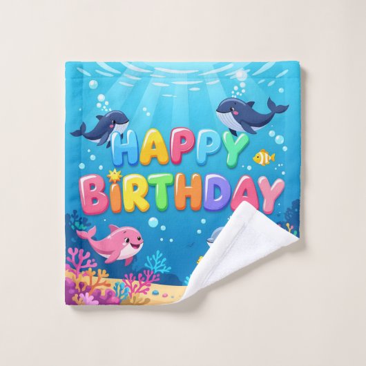 Cute Happy Birthday nautical dolphin ウォッシュタオル (ウォッシュタオル)