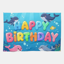 Cute Happy Birthday nautical dolphin キッチンタオル