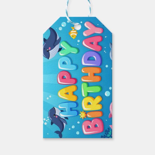 Cute Happy Birthday nautical dolphin ギフトタグ (正面)