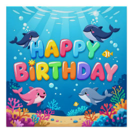 Cute Happy Birthday nautical dolphin ポスター