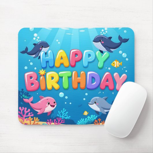 Cute Happy Birthday nautical dolphin マウスパッド (マウス)