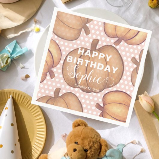 Cute Happy Birthday Pink & Orange Pumpkin Party  スタンダードカクテルナプキン