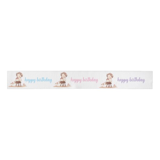 Cute Happy Birthday Ribbon – Cartoon Birthday Deco グログランリボン (正面)