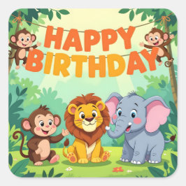 Cute Happy Birthday safari theme スクエアシール
