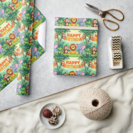 Cute Happy Birthday safari theme ラッピングペーパー