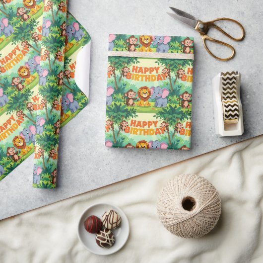 Cute Happy Birthday safari theme ラッピングペーパー (クラフト)