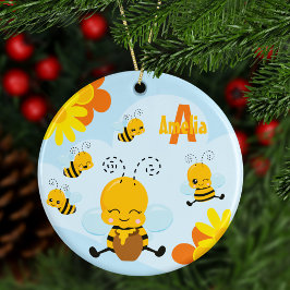 Cute Happy Bumble Bee with Flowers Kid Christmas セラミックオーナメント