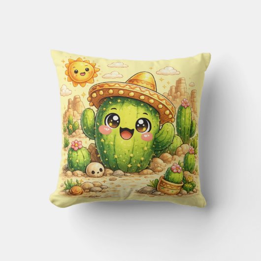 Cute Happy Cactus Kawaii Cushion Pillow クッション (正面)