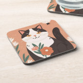 Cute Happy Cat with Spring Flowers  コースター (左側)