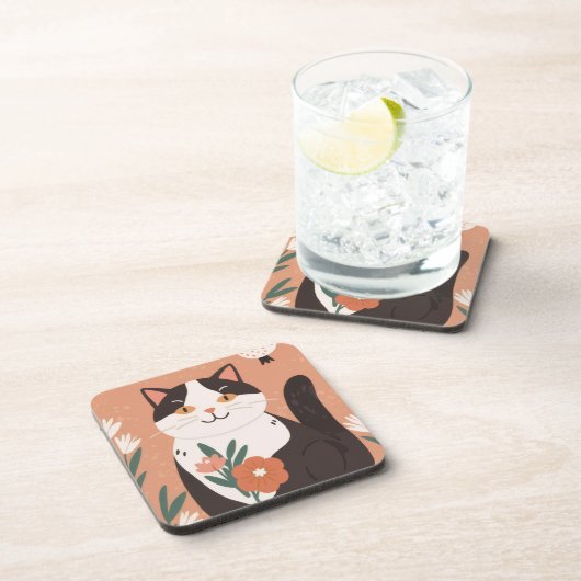 Cute Happy Cat with Spring Flowers  コースター (右側)