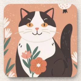 Cute Happy Cat with Spring Flowers  コースター