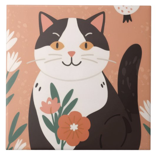 Cute Happy Cat with Spring Flowers  タイル (正面)