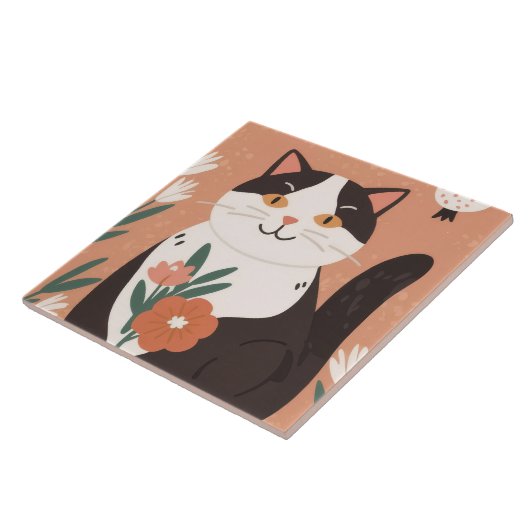 Cute Happy Cat with Spring Flowers  タイル (側面)