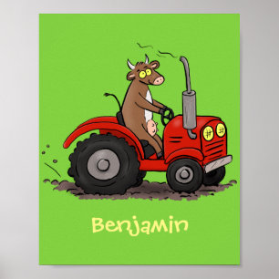 Cute happy cow driving a red tractor cartoon ポスター
