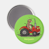 Cute happy cow driving a red tractor cartoon マグネット (正面/裏面)