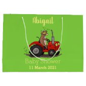 Cute happy cow driving a red tractor cartoon ラージペーパーバッグ (裏面)