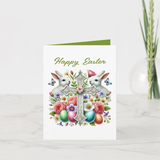 Cute Happy Easter bunny Cross add inside message シーズンカード (正面)