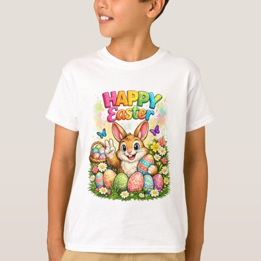 Cute Happy Easter Bunny Peace Sign Graphic T-Shirt Tシャツ (正面)