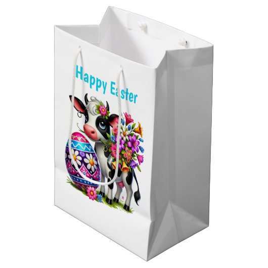 Cute Happy Easter cow customizable Medium  ミディアムペーパーバッグ (正面アングル)