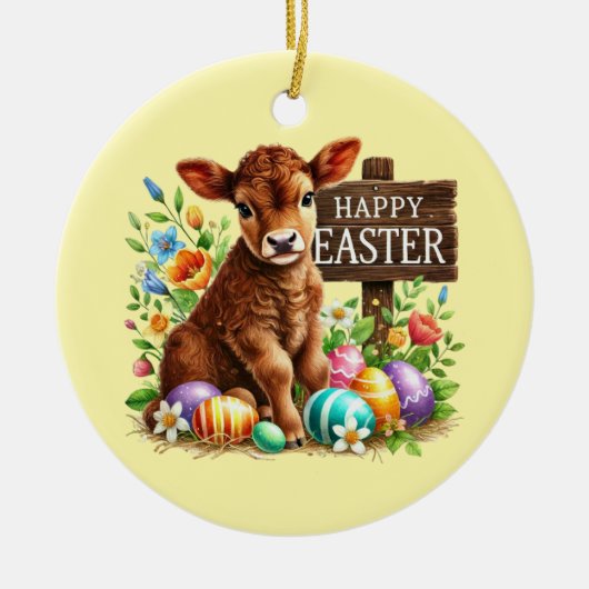 Cute Happy Easter customizable cow セラミックオーナメント (正面)