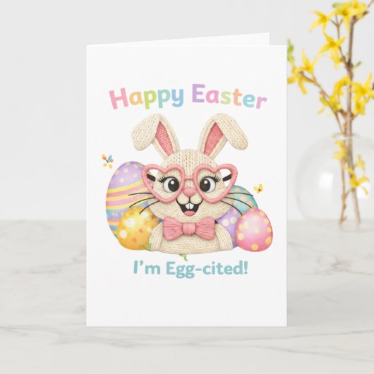 Cute Happy Easter Egg-cited Bunny  カード (黄色い花)