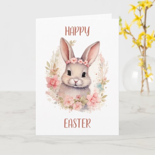 Cute Happy Easter Greeting Card with Bunny  カード (黄色い花)