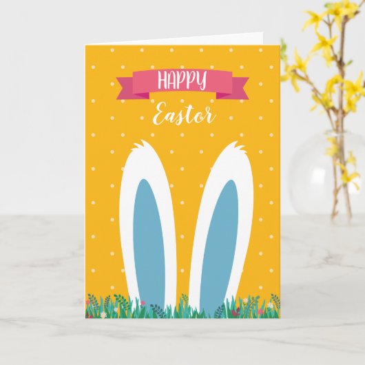 Cute Happy Easter Greeting Card with Bunny  カード (黄色い花)