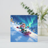 Cute Happy Elf Sledding | Personalized Christmas シーズンカード (スタンド正面)