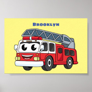 Cute happy fire engine cartoon ポスター