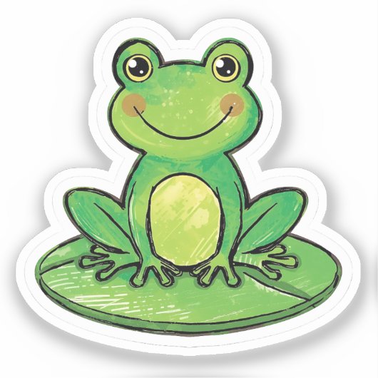Cute Happy Frog on Lily Pad Sticker シール (正面)