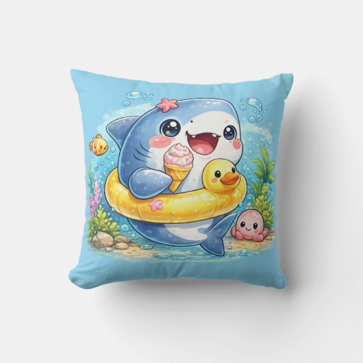 Cute Happy Great White Shark Cushion Pillow クッション (正面)