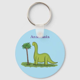 Cute happy green brontosaurus dinosaur cartoon キーホルダー