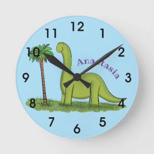 Cute happy green brontosaurus dinosaur cartoon ラウンド壁時計