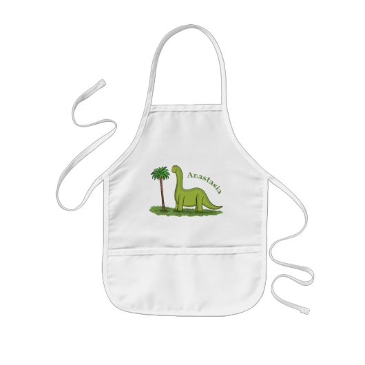 Cute happy green brontosaurus dinosaur cartoon 子供用エプロン (正面)