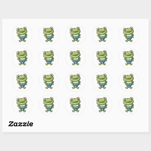 Cute Happy Green Cartoon Frog In Overalls Sticker ラウンドシール (シート)