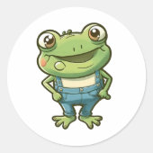 Cute Happy Green Cartoon Frog In Overalls Sticker ラウンドシール (正面)